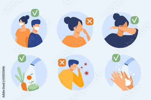Protection from coronavirus tips. Safety list for prevention spreading, avoidance people with flu symptoms and cough. Vector illustration for, 2019-ncov, corona virus, healthcare concept photo