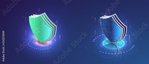 Isometric security shield blue and green. Cyber security and information or network protection. Future technology. Protect and security of safe concept. Presentation shining sticker shield. Defense