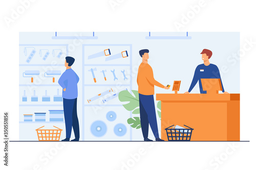 Tool shop customers. Men choosing instrument at showcase for painting or carpentry work, paying at checkout counter, consulting salesman. Vector illustration for hardware store, house repair concept
