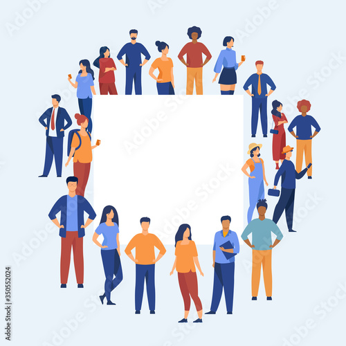 Crowd of diverse people standing together around empty banner. Blank poster, placard, copy space. Vector illustration for multicultural community, population, society concept