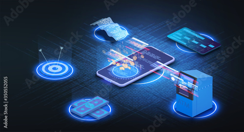 Investment strategies and process isometric web banner. Phone with business icons and charts, financial instruments for money wealth growth. Auditing, business analysis concept. Illustration isometric