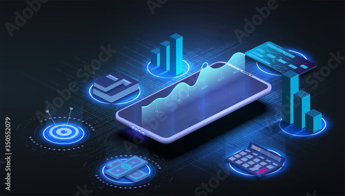 Investment strategies and process isometric web banner. Phone with business icons and charts, financial instruments for money wealth growth. Auditing, business analysis concept. Illustration isometric