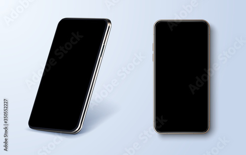New trendy, metallic modern mobile phone template in different angles. Top view, front view, perspective view, tilted view. A good phone layout for any purpose, presentations or mockups. Realistic eps