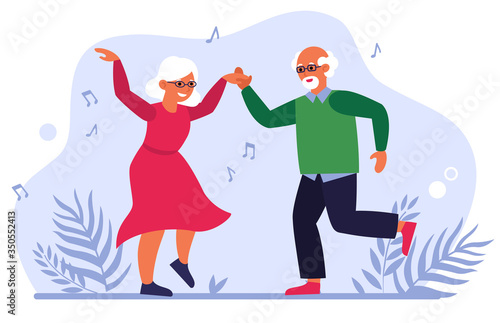 Funny elderly couple dancing flat vector illustration. Cartoon old people having fun together. Lifestyle, party and activity concept