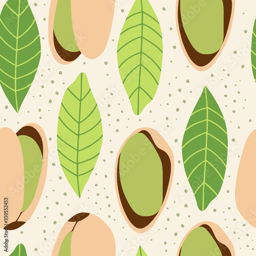 Seamless pattern with pistachios and leaves. Healthy diet. Modern background for packaging, ads, labels and other designs. Hand drawn illustration.