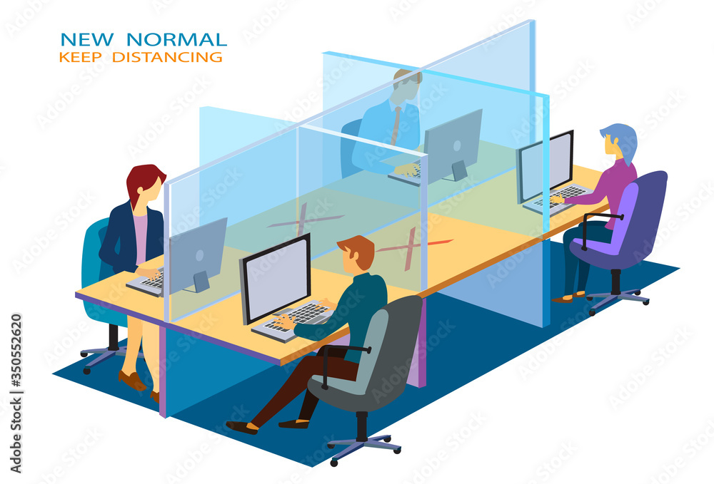 New normal keep distancing concept. Business office people maintain keep calm social distancing.