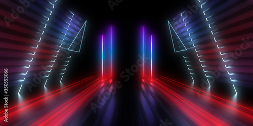 3D abstract background with neon lights. neon tunnel .space construction . 3d illustration © andrii