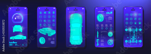 Car control system in online mode. Smart car security system UI, UX, KIT, HUD settings in the application for the phone. Car settings menu start, lock, dashboard, analysis, maintenan photo