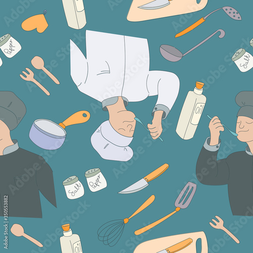 Vector seamless pattern in simple style flat style. Cooking concept, chef tastes food, kitchen utensils, knife, forks, salt, pepper, spices, olive oil in a bottle.