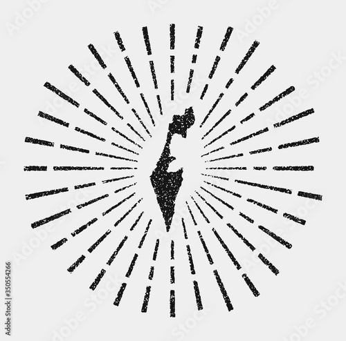 Vintage map of Israel. Grunge sunburst around the country. Black Israel shape with sun rays on white background. Vector illustration.