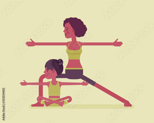 Yogi black family, mother, daughter in sport wear practicing yoga together, mom with kid doing Warrior pose, Virabhadrasana exercise, parent child healthy hobby. Vector flat style cartoon illustration