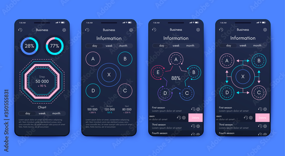 Modern infographic vector elements for business brochures. Use in website, corporate brochure, advertising and marketing. Pie charts, line graphs, bar graphs and timelines.