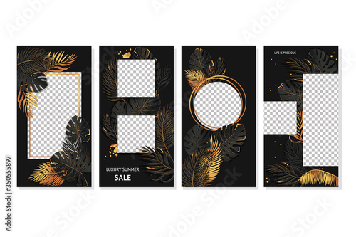 Social media stories vector templates with gold and black exotic leaves. Vector set of banner templates with luxury tropical leaves. 