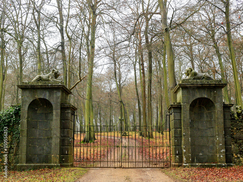 Beautiful winter woodland with old stone gates 