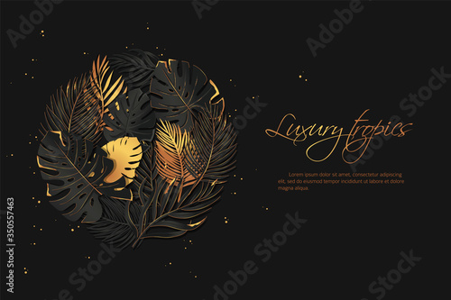 Luxury golden and black tropical leaves dark background. Exotic botanical background design. Vector backdrop with gold and black tropical leaves on dark background.