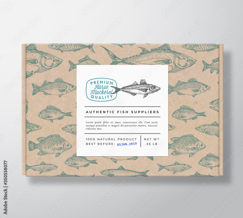 Fish Pattern Realistic Cardboard Box with Banner. Abstract Vector Packaging Design or Label. Modern Typography, Hand Drawn Horse Mackerel Silhouette. Craft Paper Background Layout.