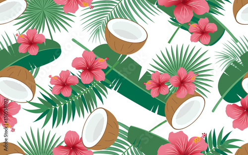 Seamless pattern of tropical floral and leaves with coconut on white background - Vector illustration