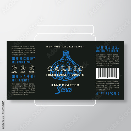 Handcrafted Vegetables and Herbs Sauce Label Template. Abstract Vector Packaging Design Layout. Modern Typography Banner with Hand Drawn Garlic Silhouette Background.