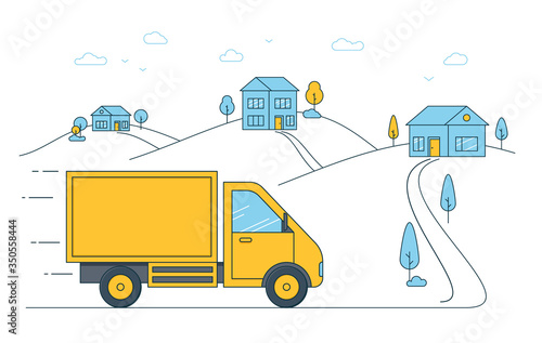 Yellow truck moves to houses in the suburbs.