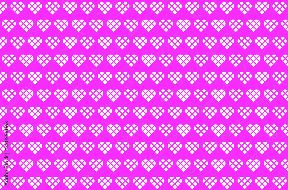 Horizontal rows of white hearts made from square blocks make a simple repeating pattern against a bright pink background Horizontal rows of white hearts made from square blocks make a simple repeating pattern against a bright pink background