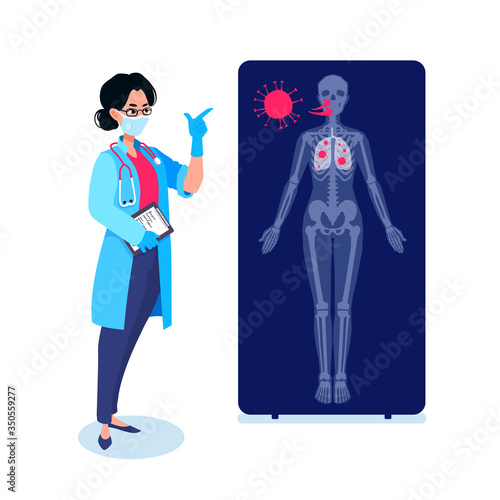 A doctor showing how coronavirus molecules infect a person on an x-ray image. Damaged lungs infographic. COVID-19 contamination process. Human anatomy, skeleton. A vector cartoon illustration.