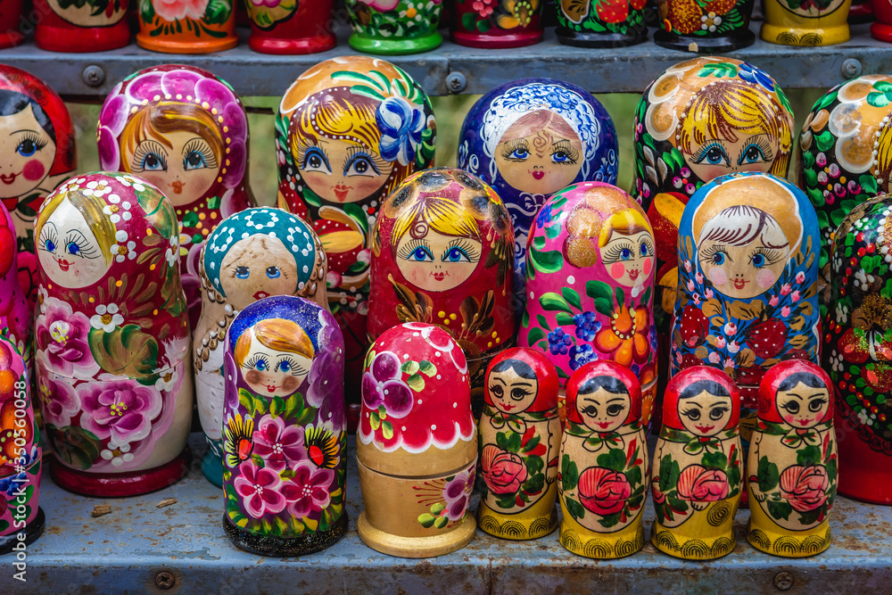Sets of Matryoshka dolls for sale on a flea market in Chisinau city, Moldova