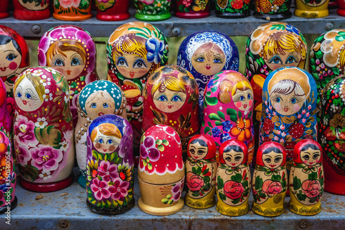 Sets of Matryoshka dolls for sale on a flea market in Chisinau city, Moldova