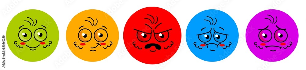 Emoji sticker. Angry and smiley face banner with happy and sad eye emotion. Cartoon emoji expressions set isolated on transparent background. Round colors sticker with different emoticon Emoji sticker. Angry and smiley face banner with happy and sad eye emotion. Cartoon emoji expressions set isolated on transparent background. Round colors sticker with different emoticon