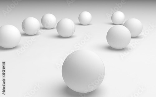 White abstract background. Set of white balls isolated on white backdrop. 3D illustration