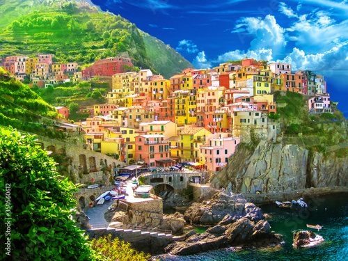 Aerial View of scenic Manarola colorful village of Cinque Terre National Park, Unesco Heritage. region of Italy, Europe.