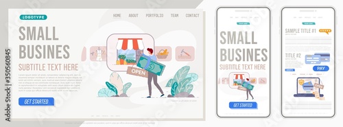 Small business website. Landing page for small business owner with mobile and pc site template. Homepage website layout design concept.
