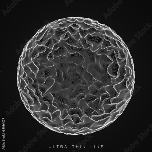 Vector abstract ultra thin line sphere. Fluid dynamic distorted spheres. Futuristic fractal noise illustration. Technology digital splash or explosion of sound, waveform. Cyber UI or HUD element.