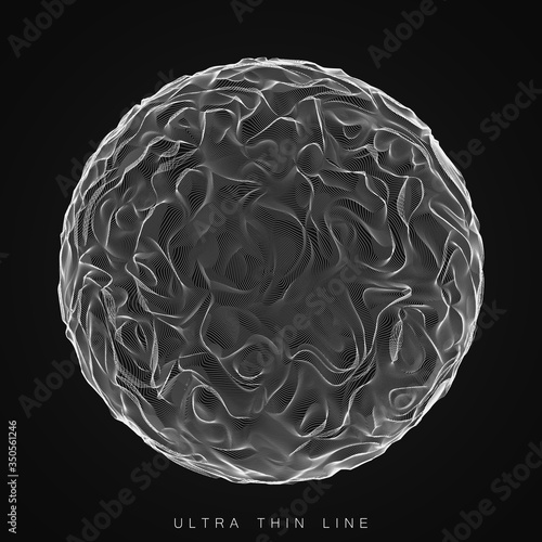 Vector abstract ultra thin line sphere. Fluid dynamic distorted spheres. Futuristic fractal noise illustration. Technology digital splash or explosion of sound, waveform. Cyber UI or HUD element.