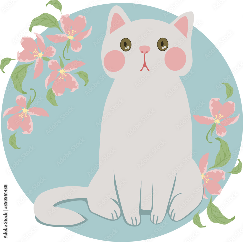 
image of a white cat with pink cheeks and green eyes, which sits on a blue background with beautiful pink flowers