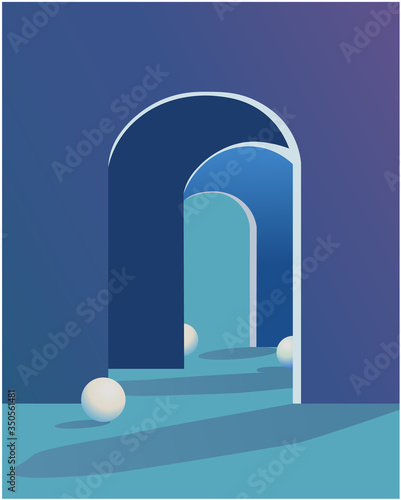 Abstract illustration of white balls near door casings
