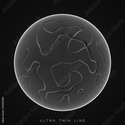 Vector abstract ultra thin line sphere. Fluid dynamic distorted spheres. Futuristic fractal noise illustration. Technology digital splash or explosion of sound, waveform. Cyber UI or HUD element.