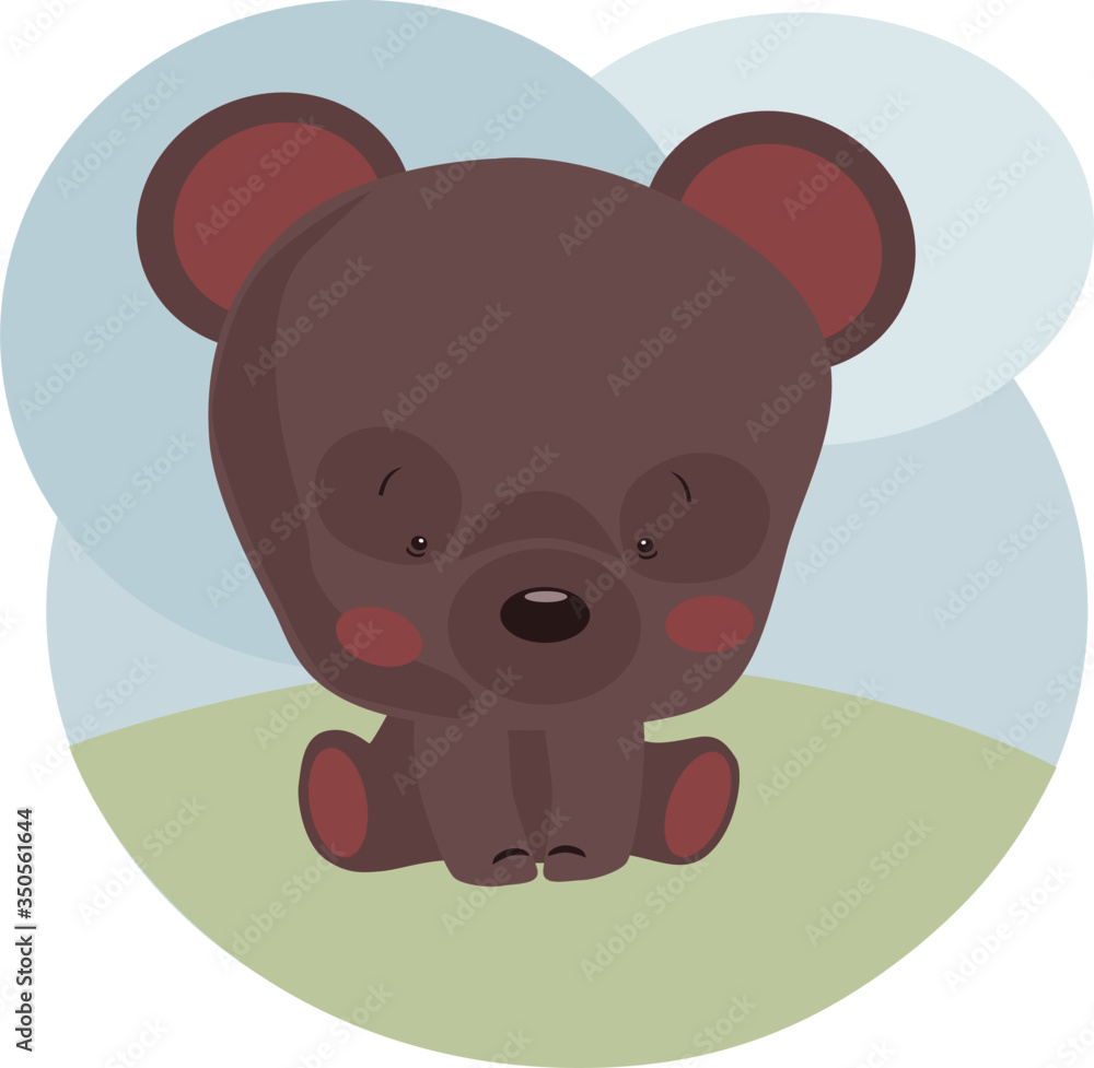 Fototapeta premium image of a little cute teddy bear on a background of green lawn and blue sky