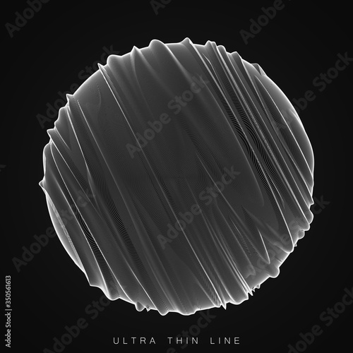 Vector abstract ultra thin line sphere. Fluid dynamic distorted spheres. Futuristic fractal noise illustration. Technology digital splash or explosion of sound, waveform. Cyber UI or HUD element.