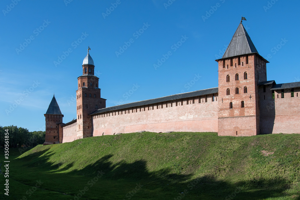 Wall and towers of the Novgorod Kremlin. Novgorod (Novgorod the Great), Russia.