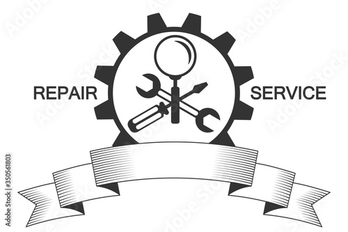 Sign, repair symbol - crossed screwdriver, wrench and magnifier, with the inscription Repair Service, with gear and ribbon. Vector