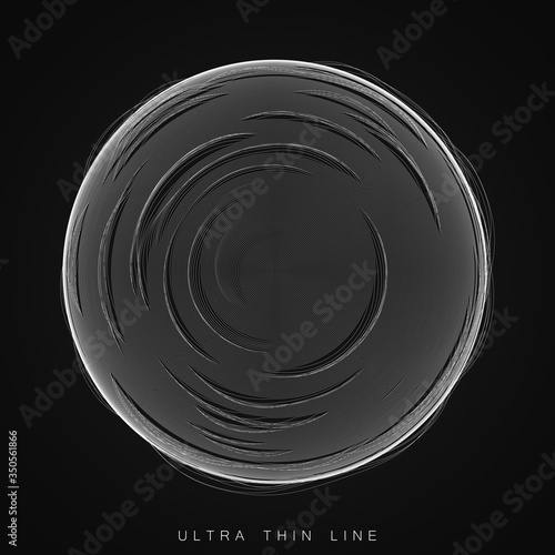Vector abstract ultra thin line sphere. Fluid dynamic distorted spheres. Futuristic fractal noise illustration. Technology digital splash or explosion of sound, waveform. Cyber UI or HUD element.