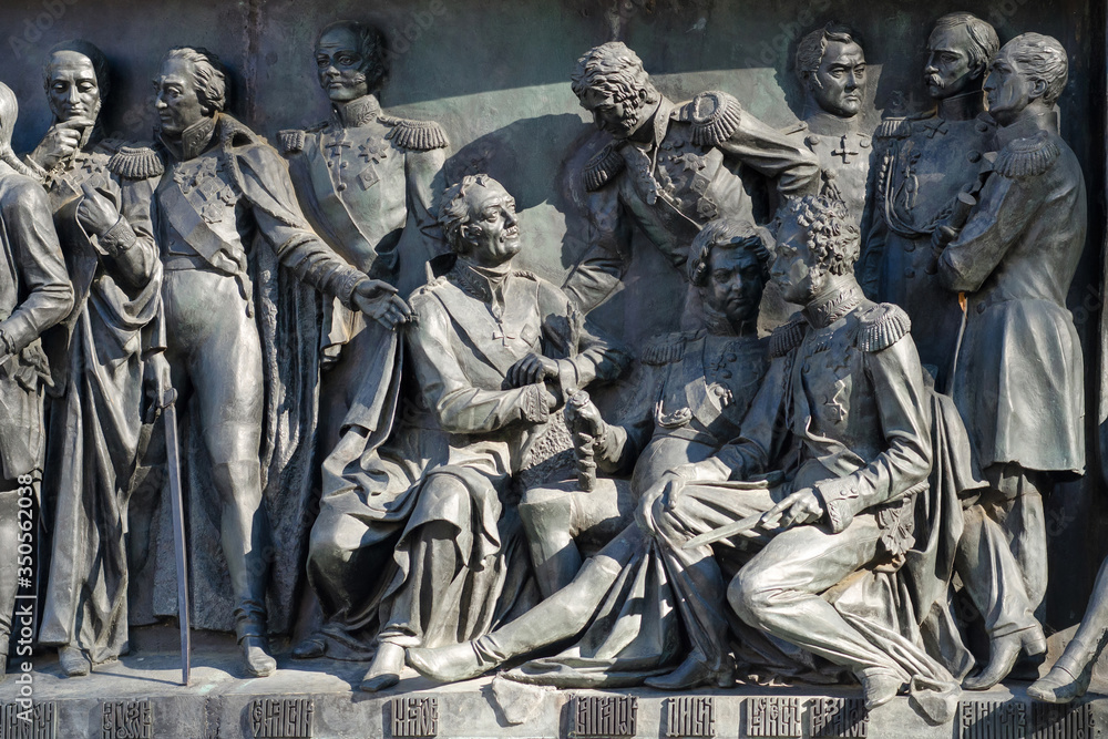Millennium of Russia monument in Novgorod Kremlin. Barclay de Tolly, Kutuzov, Dmitry Senyavin, Matvei Platov, Bagration, Ivan Diebitsch, Paskevich, Mikhail Lazarev, Vladimir Kornilov, Pavel Nakhimov. Millennium of Russia monument in Novgorod Kremlin. Barclay de Tolly, Kutuzov, Dmitry Senyavin, Matvei Platov, Bagration, Ivan Diebitsch, Paskevich, Mikhail Lazarev, Vladimir Kornilov, Pavel Nakhimov.