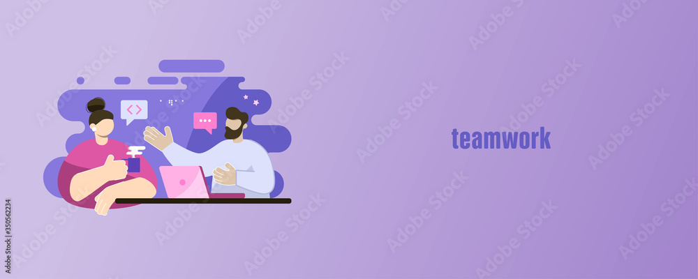 Web banner template, mobile interface design. Freelancer is sitting at the computer. Works from home. Work in the office. Designer, programmer, writer. Stylized cartoon characters. Web banner template, mobile interface design. Freelancer is sitting at the computer. Works from home. Work in the office. Designer, programmer, writer. Stylized cartoon characters.
