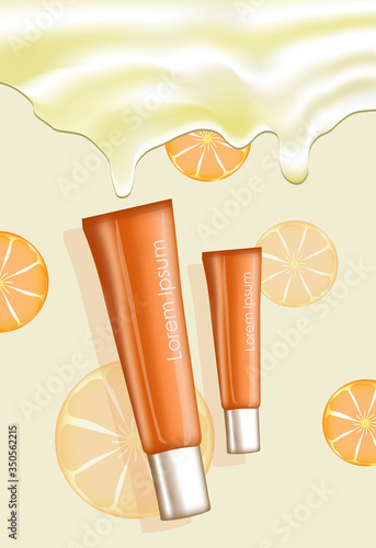 Illustration of two orange cream tubes with place for text on oranges pattern and cream background