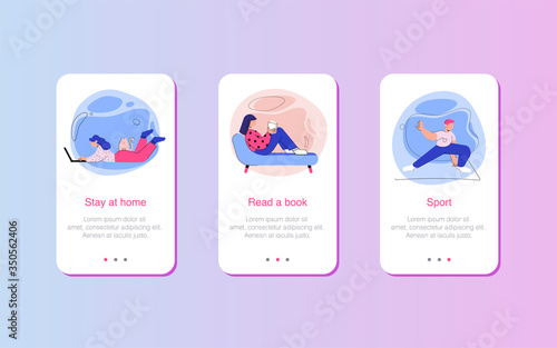 Mobile UX UI interface template, application interface framework. Vector illustration for web design. Stylized cartoon characters. Heroes are engaged in fitness, yoga, relax at home and read.