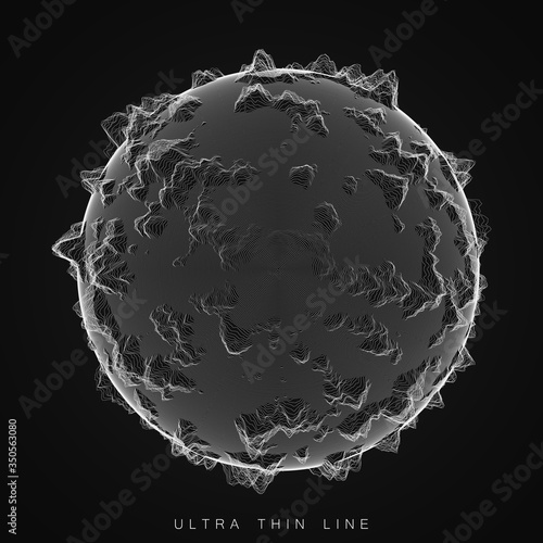 Vector abstract ultra thin line sphere. Fluid dynamic distorted spheres. Futuristic fractal noise illustration. Technology digital splash or explosion of sound, waveform. Cyber UI or HUD element.