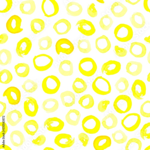 Seamless watercolor vector pattern. Yellow hand-drawn circles isolated on white background. Brush strokes in the shape of a ring. Vector stock illustration for wallpaper, wrapping paper, textile