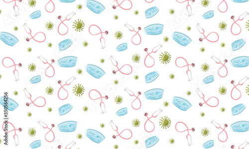 Pattern that consists of surgical masks, stethoscopes and bacteria