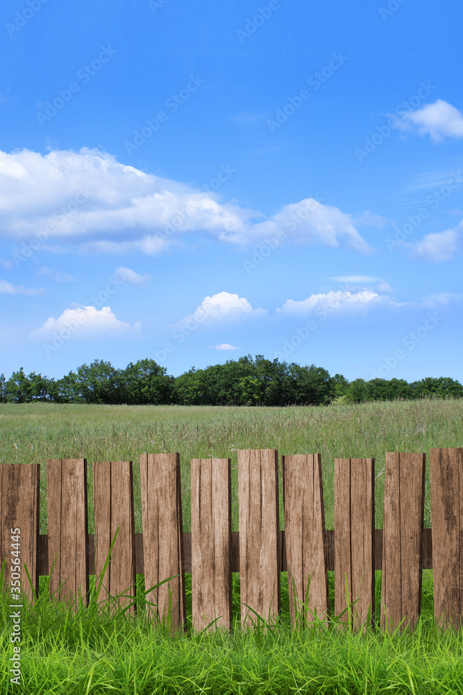 Barrière bois, arrière plan nature, campagne, ciel bleu