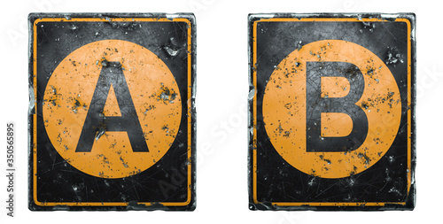 Set of public road sign orange and black color with a capital letters A and B in the center isolated on white background. 3d